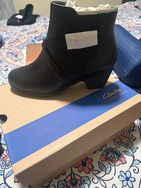 Clarks Black Ankle Booties with Low Block Heel